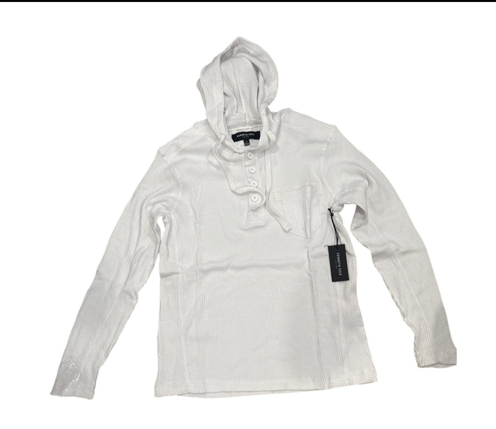 Kenneth Cole Hooded Henley Mens White Ribbed Cotton Thermal - Large
